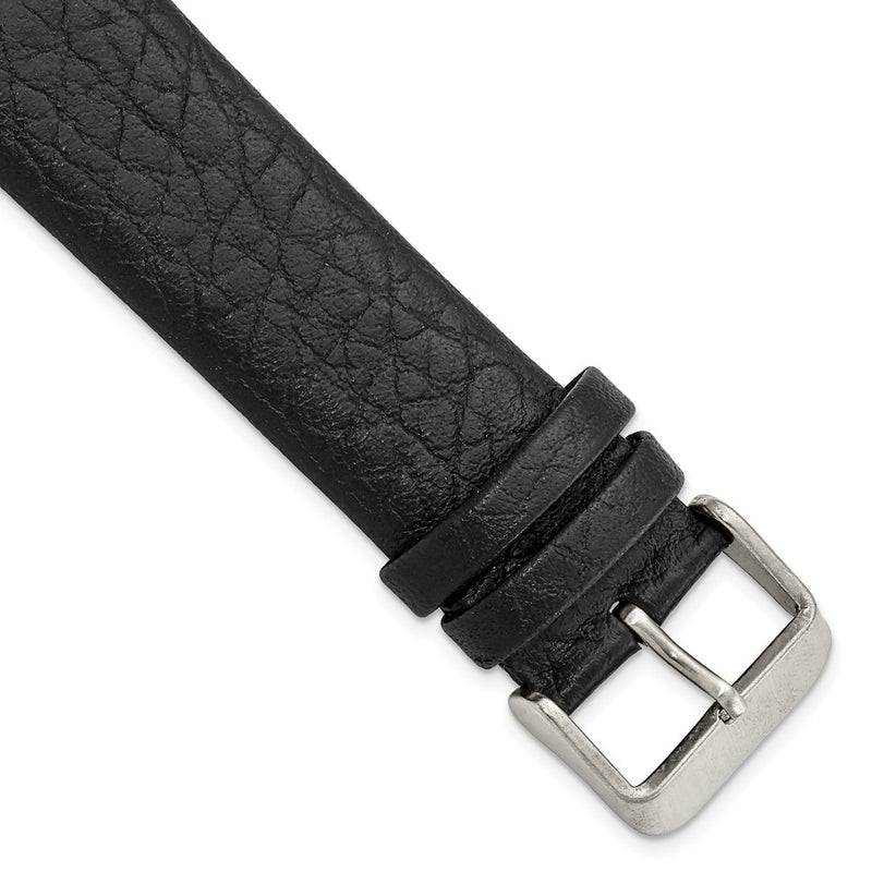 22mm Black Distrssed Leather Silver-tone Buckle Watch Band