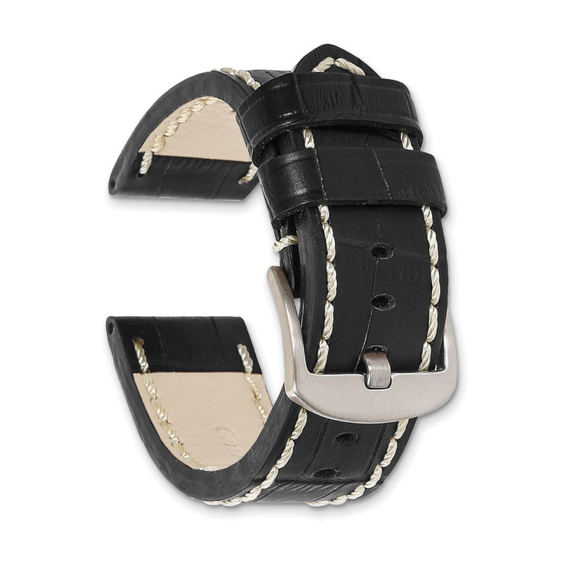DeBeer 24mm Black Matte Alligator Grain Leather with White Stitching and Silver-tone Panerai Style Buckle 8 inch Watch Band