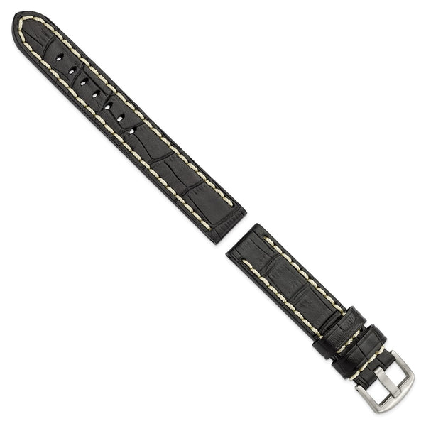 18mm Black Matte Alligator Grain White Stitch Silver-tone Buckle Watch Band