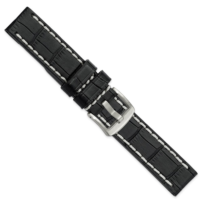 DeBeer 20mm Black Matte Alligator Grain Leather with White Stitching and Silver-tone Panerai Style Buckle 8 inch Watch Band