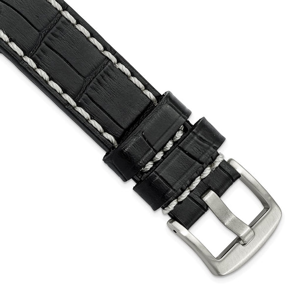 DeBeer 20mm Black Matte Alligator Grain Leather with White Stitching and Silver-tone Panerai Style Buckle 8 inch Watch Band