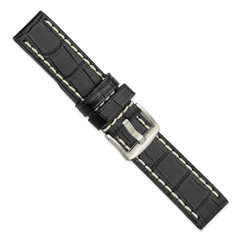 22mm Black Matte Alligator Grain White Stitch Silver-tone Buckle Watch Band