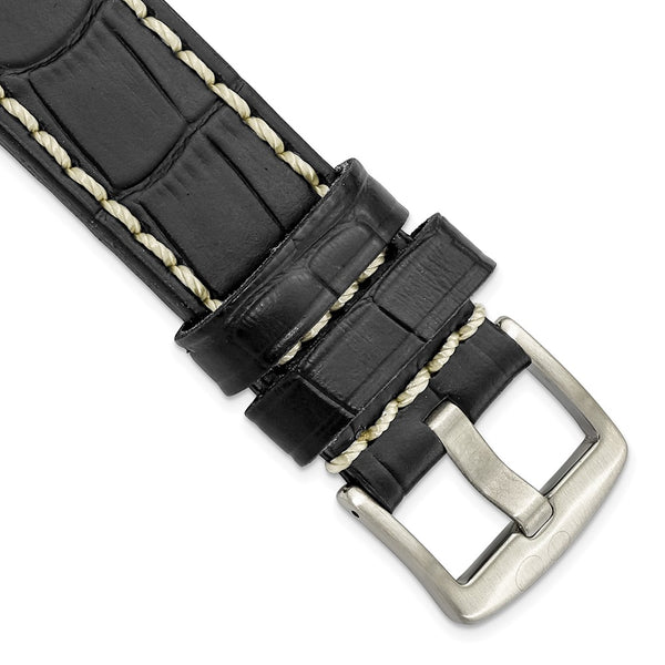 22mm Black Matte Alligator Grain White Stitch Silver-tone Buckle Watch Band