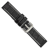 DeBeer 24mm Black Matte Alligator Grain Leather with White Stitching and Silver-tone Panerai Style Buckle 8 inch Watch Band