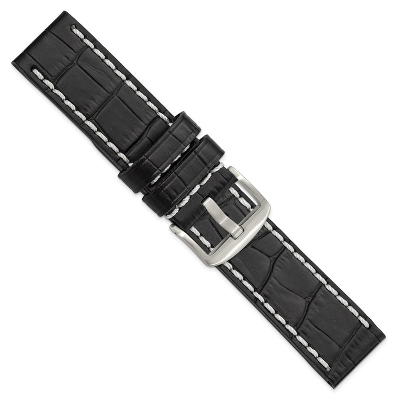 DeBeer 24mm Black Matte Alligator Grain Leather with White Stitching and Silver-tone Panerai Style Buckle 8 inch Watch Band