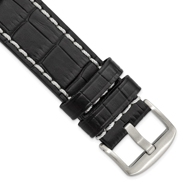 DeBeer 24mm Black Matte Alligator Grain Leather with White Stitching and Silver-tone Panerai Style Buckle 8 inch Watch Band