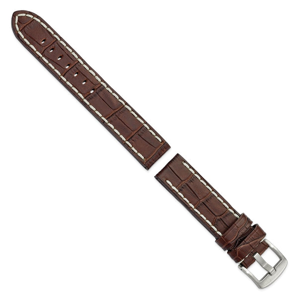 20mm Brown Matte Alligator Grain White Stitch Silver-tone Buckle Watch Band