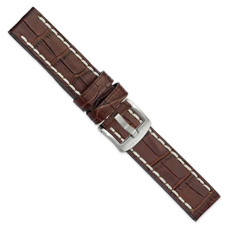 DeBeer 20mm Brown Matte Alligator Grain Leather with White Stitching and Silver-tone Panerai Style Buckle 8 inch Watch Band