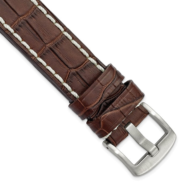 DeBeer 20mm Brown Matte Alligator Grain Leather with White Stitching and Silver-tone Panerai Style Buckle 8 inch Watch Band