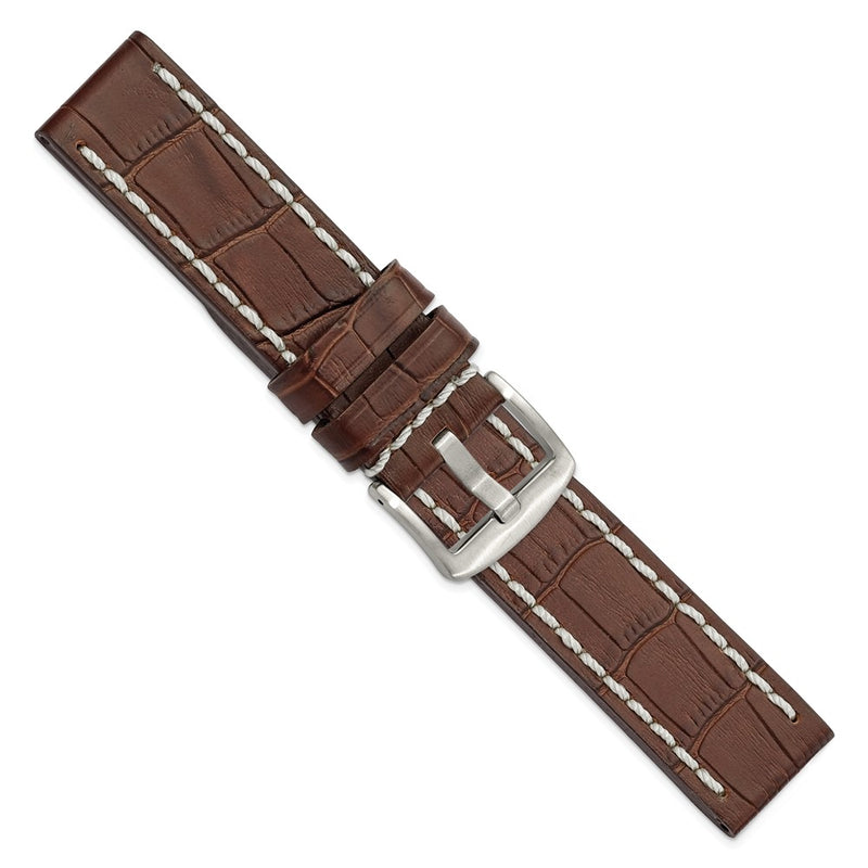 DeBeer 22mm Brown Matte Alligator Grain Leather with White Stitching and Silver-tone Panerai Style Buckle 8 inch Watch Band