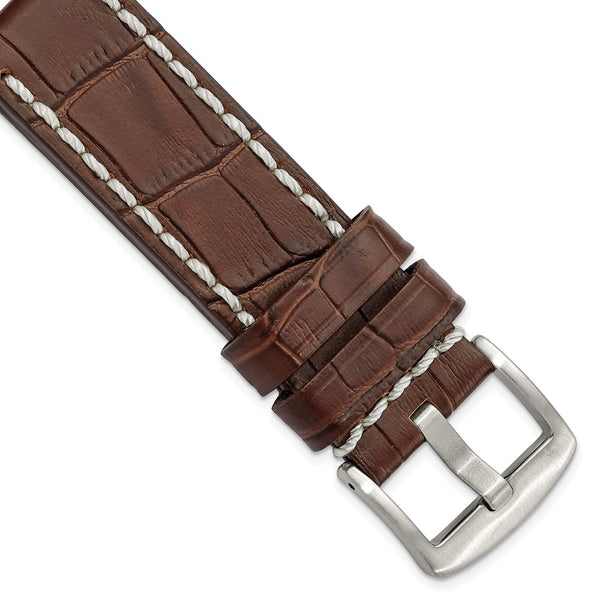 DeBeer 22mm Brown Matte Alligator Grain Leather with White Stitching and Silver-tone Panerai Style Buckle 8 inch Watch Band