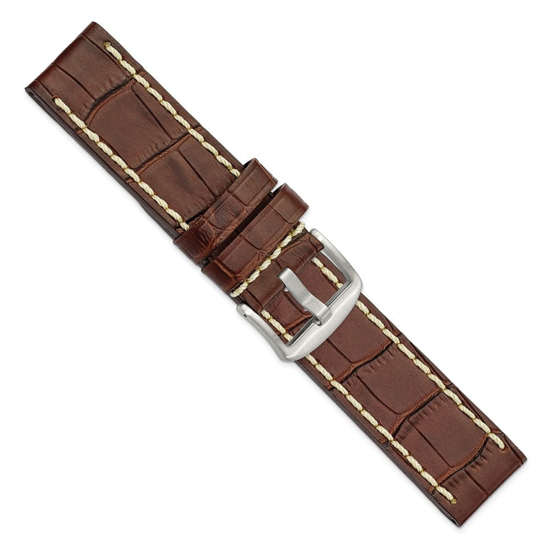 24mm Brown Matte Alligator Grain White Stitch Silver-tone Buckle Watch Band