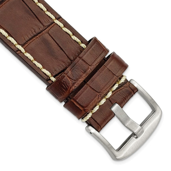 DeBeer 24mm Brown Matte Alligator Grain Leather with White Stitching and Silver-tone Panerai Style Buckle 8 inch Watch Band