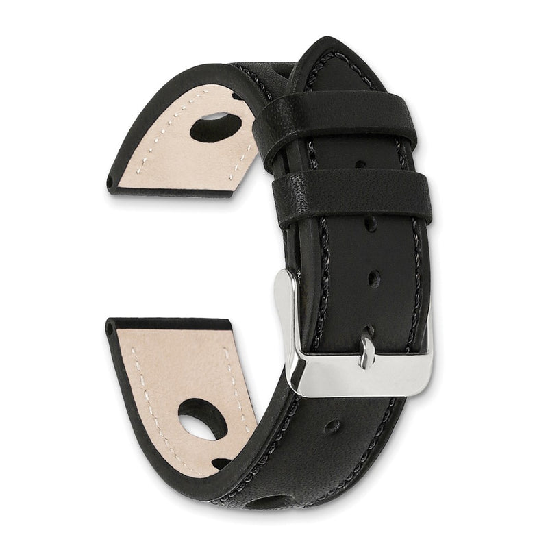 DeBeer 18mm Black Grand Prix Leather with Black Stitching and Silver-tone Buckle 7.5 inch Watch Band