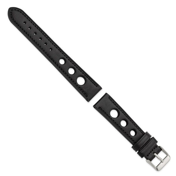 DeBeer 18mm Black Grand Prix Leather with Black Stitching and Silver-tone Buckle 7.5 inch Watch Band