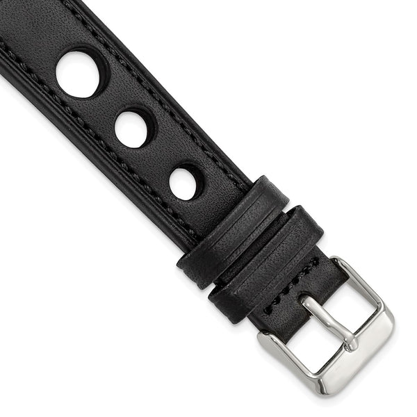 DeBeer 18mm Black Grand Prix Leather with Black Stitching and Silver-tone Buckle 7.5 inch Watch Band