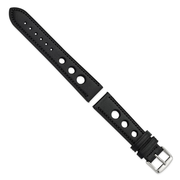 DeBeer 20mm Black Grand Prix Leather with Black Stitching and Silver-tone Buckle 7.5 inch Watch Band