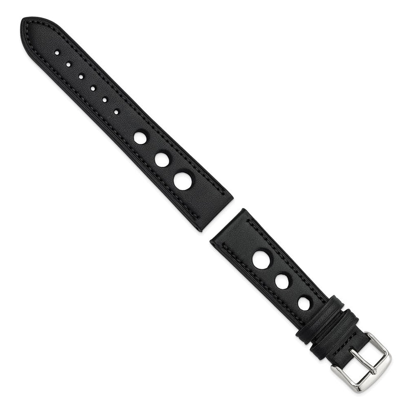 DeBeer 20mm Black Grand Prix Leather with Black Stitching and Silver-tone Buckle 7.5 inch Watch Band
