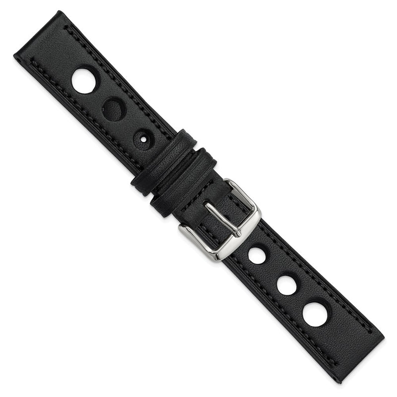 DeBeer 20mm Black Grand Prix Leather with Black Stitching and Silver-tone Buckle 7.5 inch Watch Band