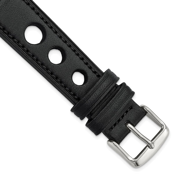 DeBeer 20mm Black Grand Prix Leather with Black Stitching and Silver-tone Buckle 7.5 inch Watch Band