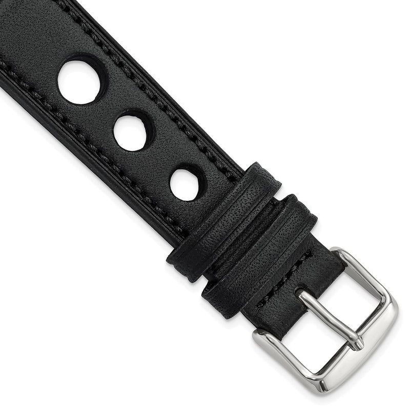 DeBeer 20mm Black Grand Prix Leather with Black Stitching and Silver-tone Buckle 7.5 inch Watch Band