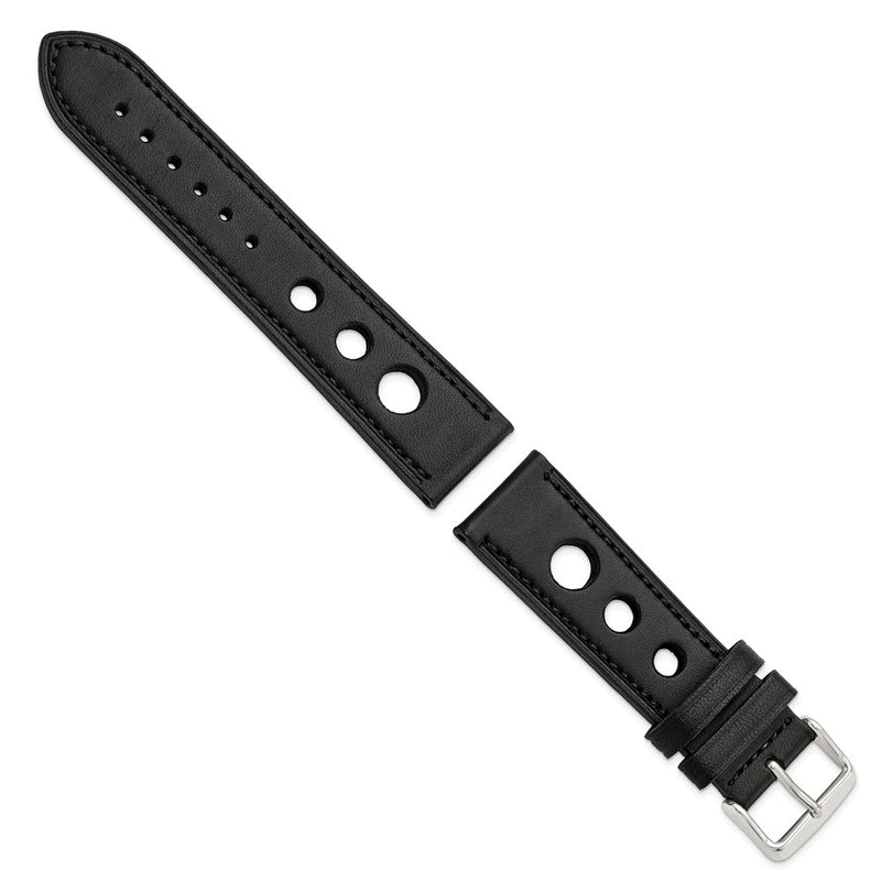 22mm Black Grand Prix Leather Black Stitch Silver-tone Buckle Watch Band