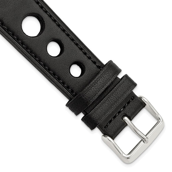 22mm Black Grand Prix Leather Black Stitch Silver-tone Buckle Watch Band