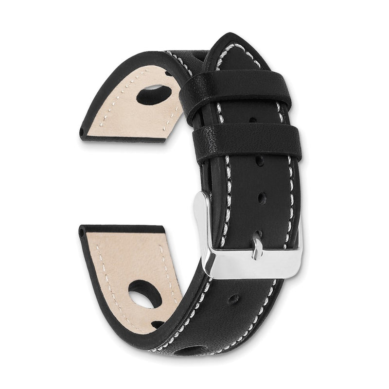 DeBeer 22mm Black Grand Prix Leather with White Stitching and Silver-tone Buckle 7.5 inch Watch Band