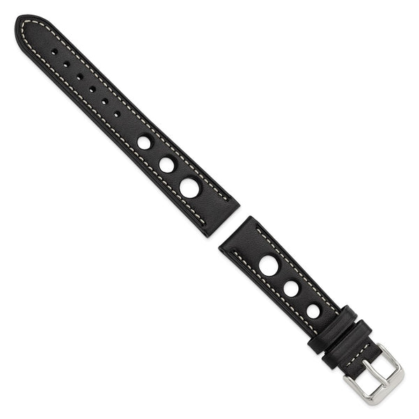 DeBeer 18mm Black Grand Prix Leather with White Stitching and Silver-tone Buckle 7.5 inch Watch Band