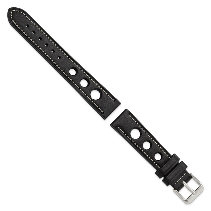 DeBeer 18mm Black Grand Prix Leather with White Stitching and Silver-tone Buckle 7.5 inch Watch Band