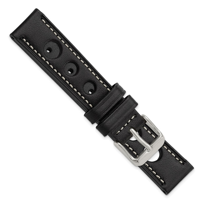 18mm Black Grand Prix Leather White Stitch Silver-tone Buckle Watch Band