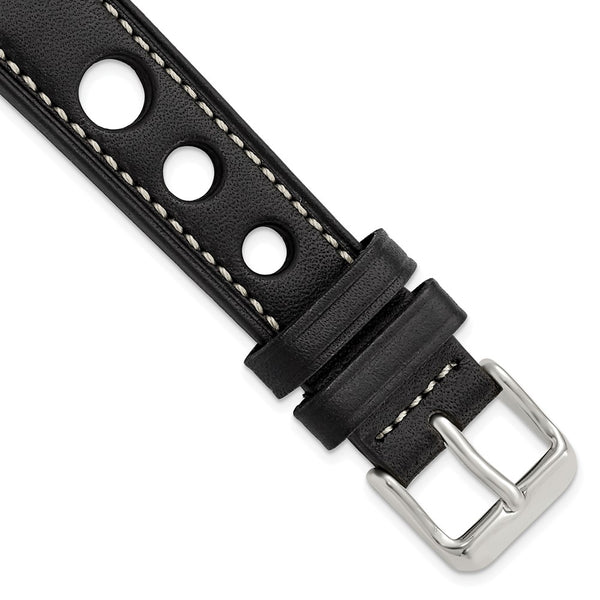 DeBeer 18mm Black Grand Prix Leather with White Stitching and Silver-tone Buckle 7.5 inch Watch Band