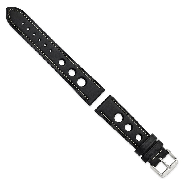 DeBeer 20mm Black Grand Prix Leather with White Stitching and Silver-tone Buckle 7.5 inch Watch Band