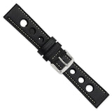 DeBeer 20mm Black Grand Prix Leather with White Stitching and Silver-tone Buckle 7.5 inch Watch Band