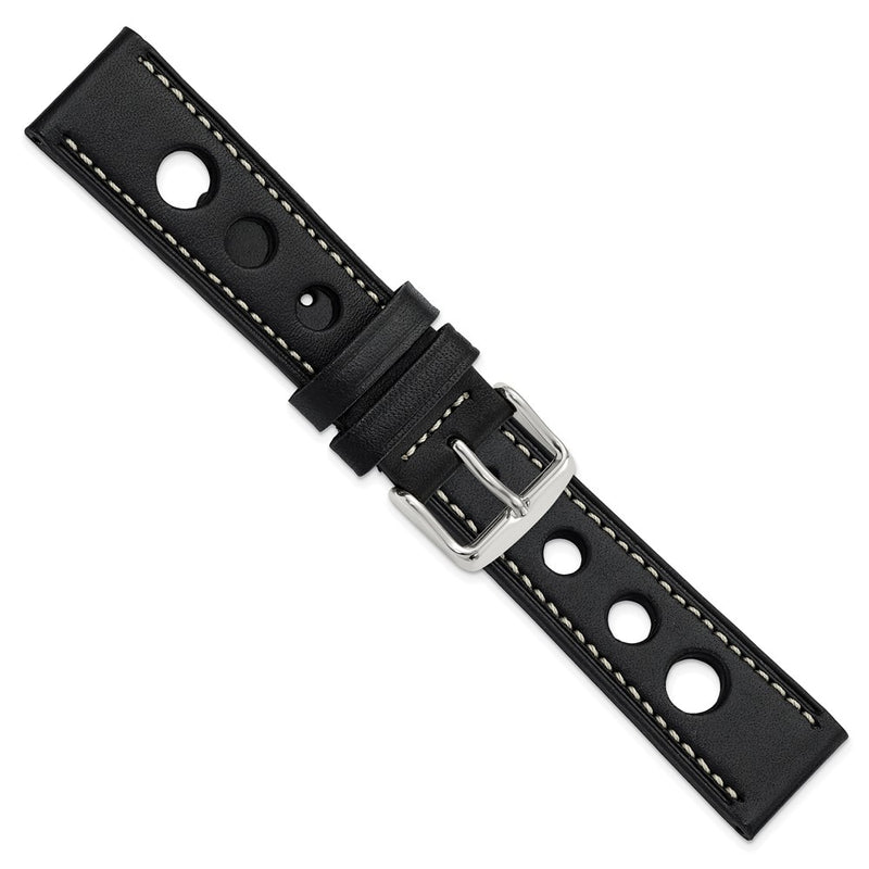 DeBeer 20mm Black Grand Prix Leather with White Stitching and Silver-tone Buckle 7.5 inch Watch Band