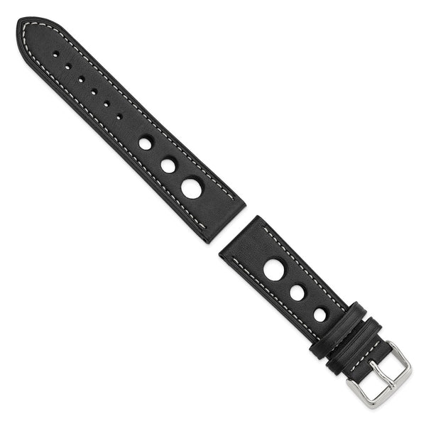 22mm Black Grand Prix Leather White Stitch Silver-tone Buckle Watch Band