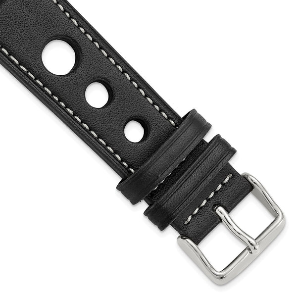 22mm Black Grand Prix Leather White Stitch Silver-tone Buckle Watch Band