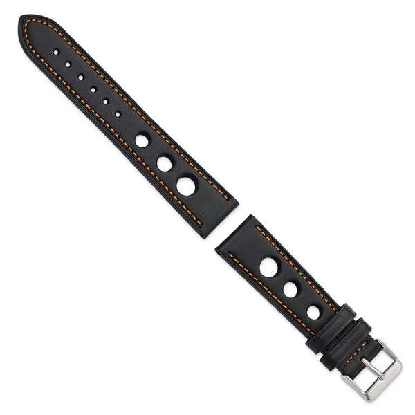 DeBeer 20mm Black Grand Prix Leather with Orange Stitching and Silver-tone Buckle 7.5 inch Watch Band