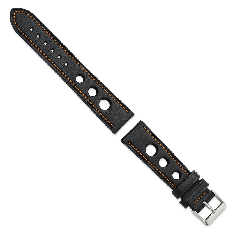 DeBeer 20mm Black Grand Prix Leather with Orange Stitching and Silver-tone Buckle 7.5 inch Watch Band
