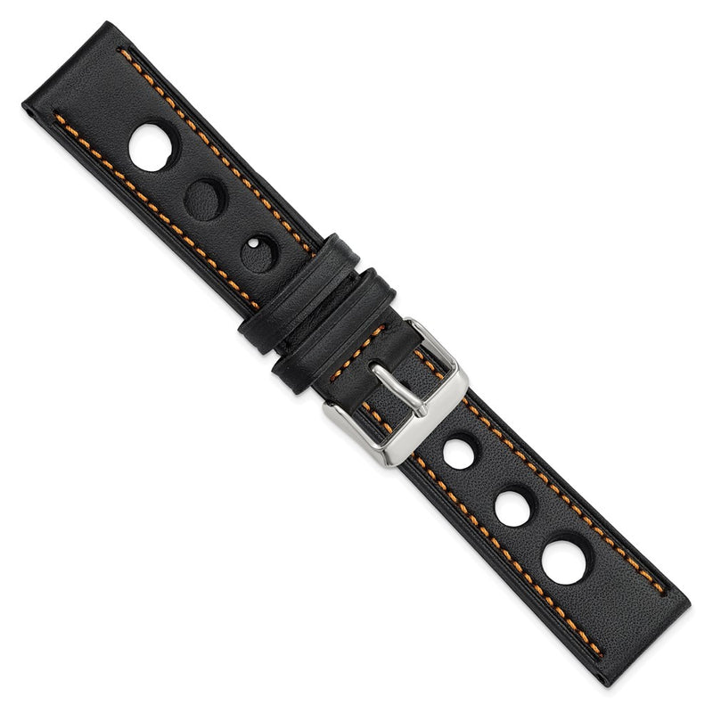 DeBeer 20mm Black Grand Prix Leather with Orange Stitching and Silver-tone Buckle 7.5 inch Watch Band