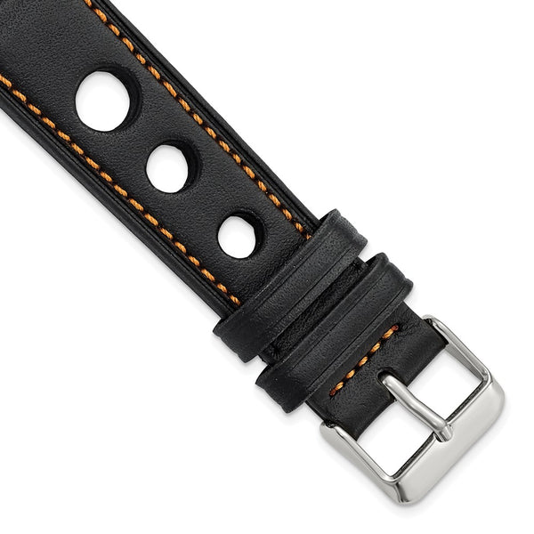 DeBeer 20mm Black Grand Prix Leather with Orange Stitching and Silver-tone Buckle 7.5 inch Watch Band