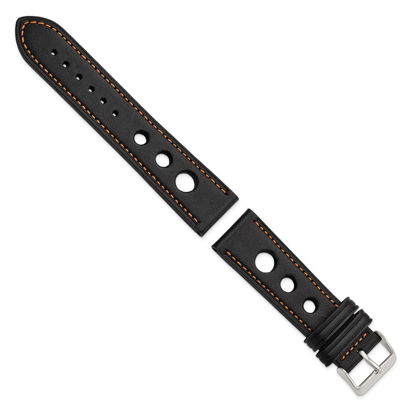 DeBeer 22mm Black Grand Prix Leather with Orange Stitching and Silver-tone Buckle 7.5 inch Watch Band