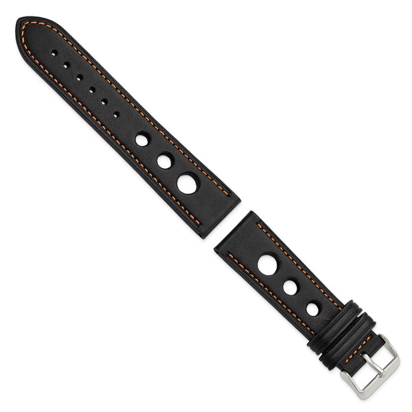 22mm Black Grand Prix Leather Orange Stitch Silver-tone Buckle Watch Band