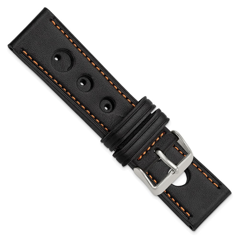DeBeer 22mm Black Grand Prix Leather with Orange Stitching and Silver-tone Buckle 7.5 inch Watch Band