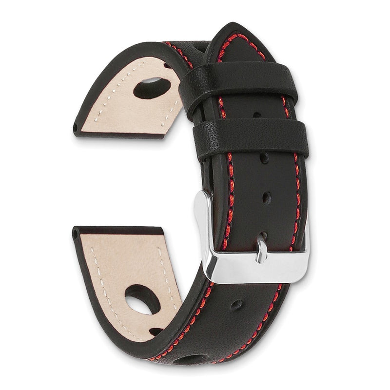 DeBeer 22mm Black Grand Prix Leather with Red Stitching and Silver-tone Buckle 7.5 inch Watch Band