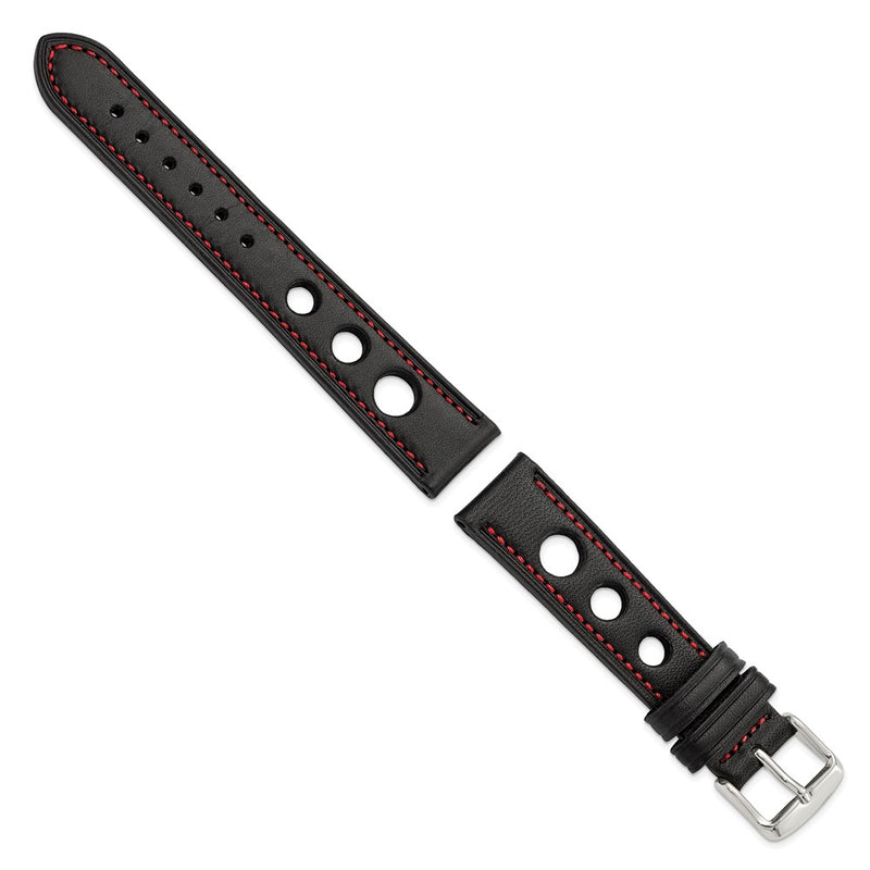 18mm Black Grand Prix Leather Red Stitch Silver-tone Buckle Watch Band