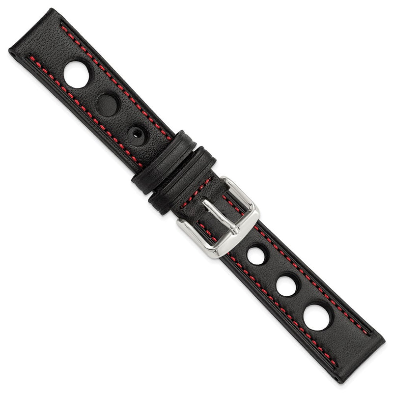 18mm Black Grand Prix Leather Red Stitch Silver-tone Buckle Watch Band