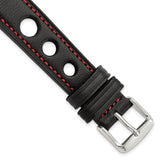 18mm Black Grand Prix Leather Red Stitch Silver-tone Buckle Watch Band