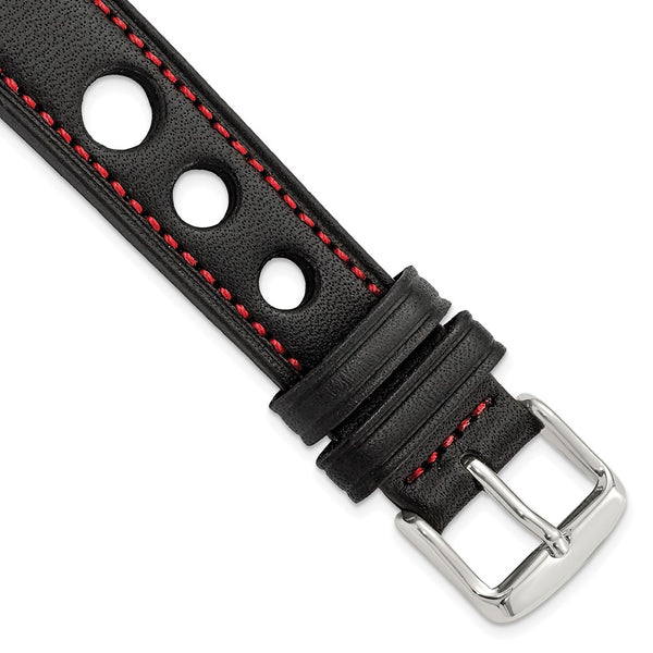 DeBeer 18mm Black Grand Prix Leather with Red Stitching and Silver-tone Buckle 7.5 inch Watch Band