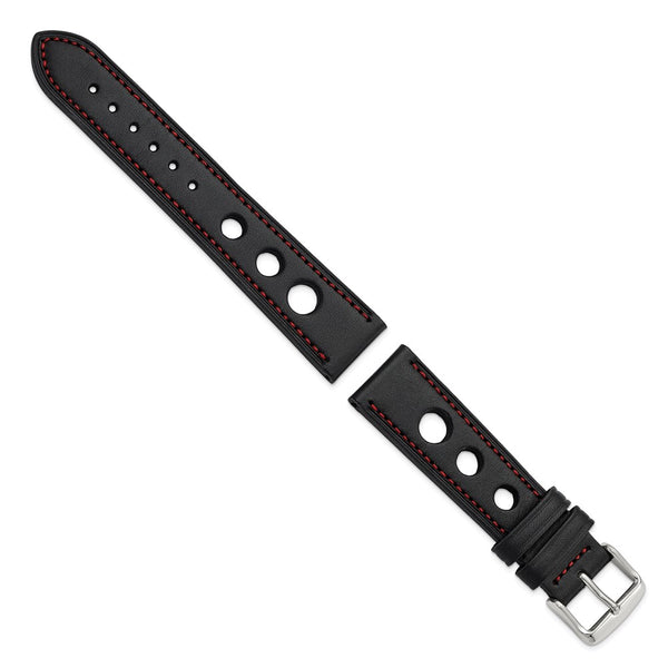 DeBeer 20mm Black Grand Prix Leather with Red Stitching and Silver-tone Buckle 7.5 inch Watch Band